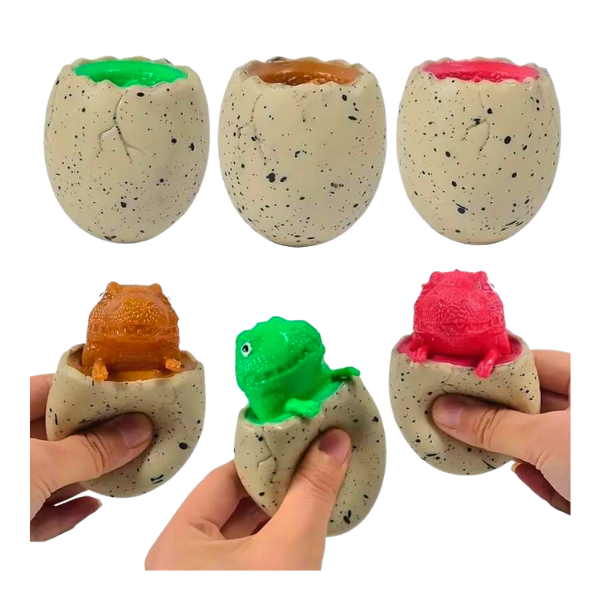 Egg shaped and coloured eggs which when squeezed displays a baby dinosaur which pops up. Colours are green, red, brown.