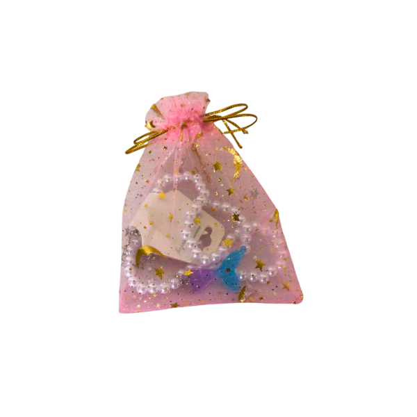 Girls mermaid necklace in small pink organza bag with gold ties and gold stars and moons