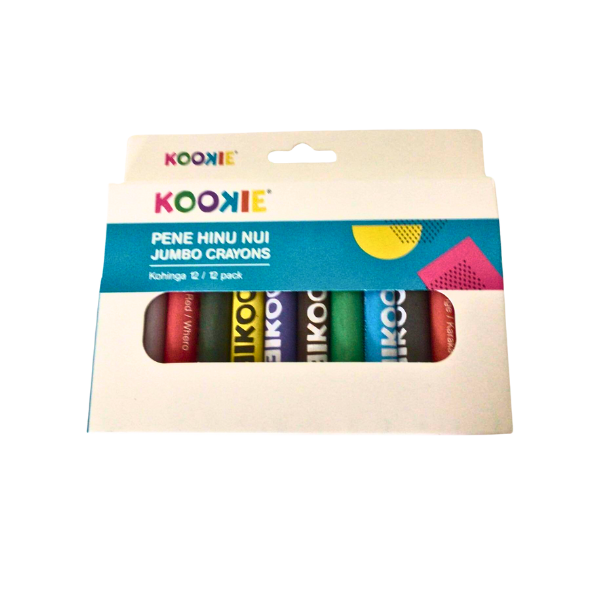 12 pack of Kookie jumbo crayons in a white and blue pack. Description is also written in Te Reo.
