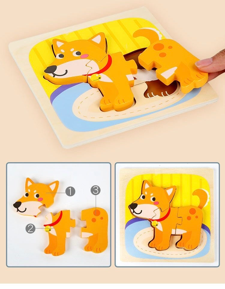 Wooden Cartoon 3D Puzzle Animal  Matching Board Blocks