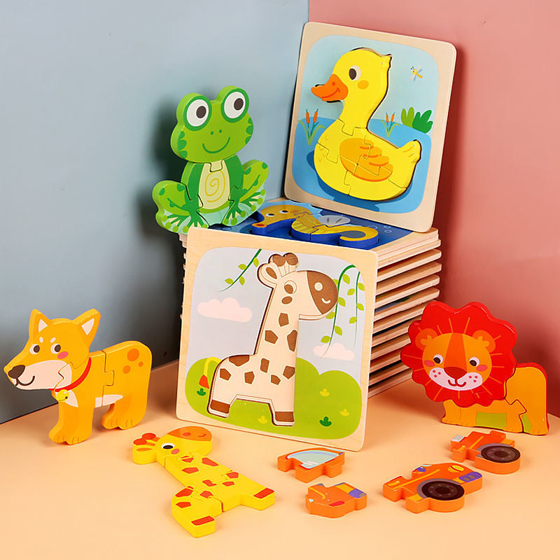 Wooden Cartoon 3D Puzzle Animal  Matching Board Blocks