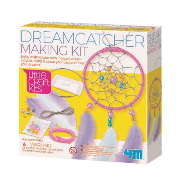 Yellow and white box titled Dreamcatcher Making Kit. Shows a picture of the made up dream catcher