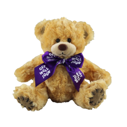Cute brown soft toy bear with purple bow saying "get well soon"