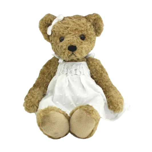 Traditional looking bear with a white dress and  a white bow on her ear