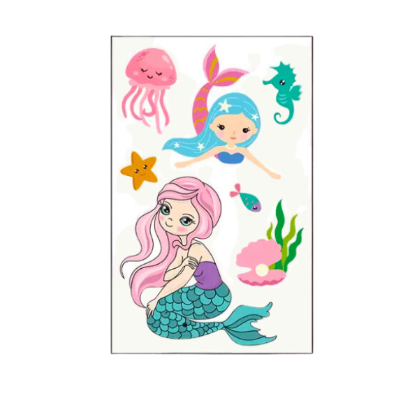 Small sheet showing a range of mermaid, stars, seahorses to be used as temporary tattoos. All colours