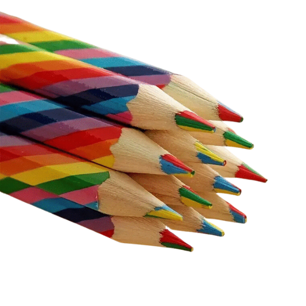 12 rainbow coloured colouring pencils showing the multi coloured tips close up