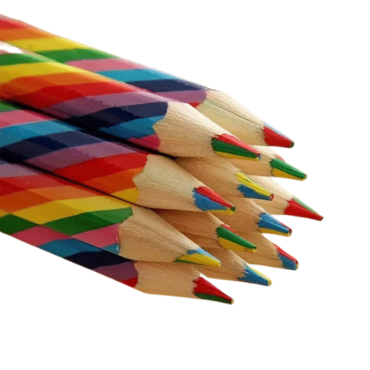 12 rainbow coloured colouring pencils showing the multi coloured tips close up