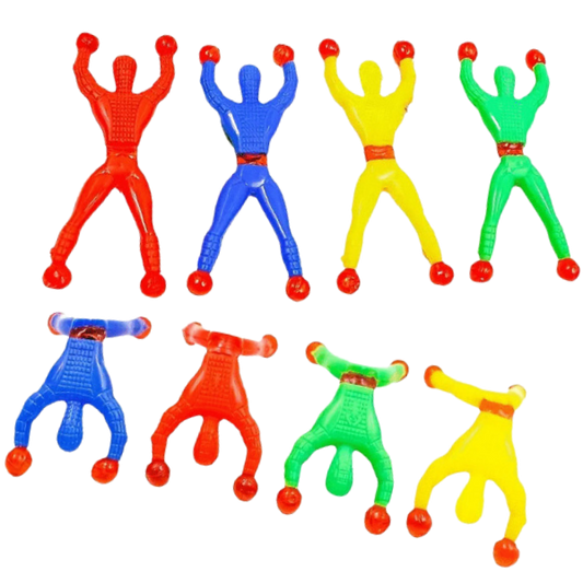 Eight small stick figures sticking to the wall. Colours are red, blue, yellow and green. Spiderman shaped