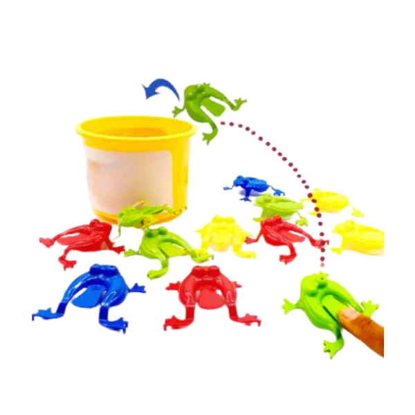 Small plastic frogs in red, green, yellow and blue. depressing the back of the frog with fingers makes it jump.