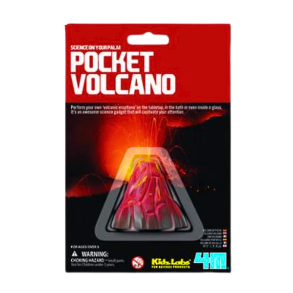 Red and black packet showing a glowing volcano with the words Pocket Volcano in white